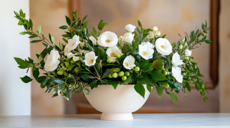 Classic Mediterranean-inspired flower arrangement with olive and white floral elementsの素材