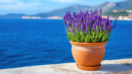Decorative pot of lavender on a seaside ledge with blue waters beyondの素材