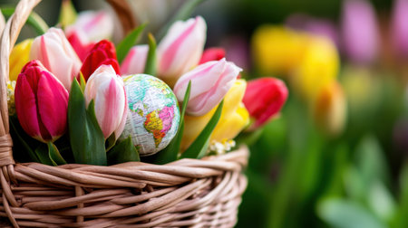 Decorative basket holding a small globe nestled among pink, red, and yellow tulips, symbolizing harmony with natureの素材
