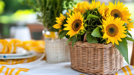 Country-style table setting with sunflowers in a wicker basket on fabricの素材