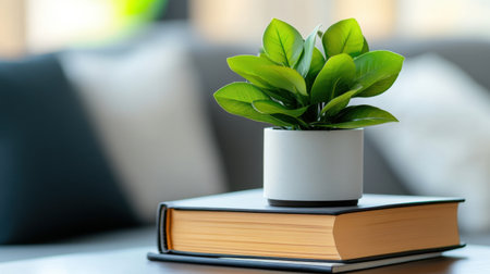 Decorative plant placed on a stack of books, creating a reading nook vibeの素材