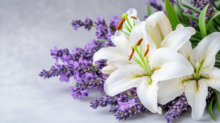 Delicate white lily and lavender blooms centered in soft gray borderの素材