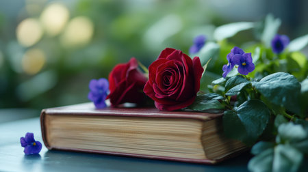 Deep red roses and delicate violets lie atop elegant hardcover booksの素材