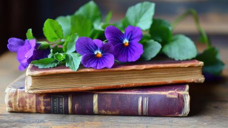 Delicate violets and passionate roses resting on antique hardcover booksの素材