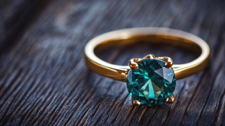 Close-up of a teal gemstone ring on dark, textured wood with moody shadows and highlightsの素材