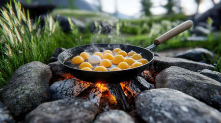 Fresh eggs bubbling in a skillet over a campfire, rustic stones and wild grass creating a peaceful outdoor vibe.の素材