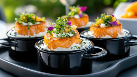 Close-up of savory salmon appetizers with creamy cheese in sleek black servewareの素材