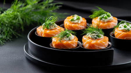 Gourmet smoked salmon bites with fresh dill and cream cheese in matte black appetizer bowlsの素材