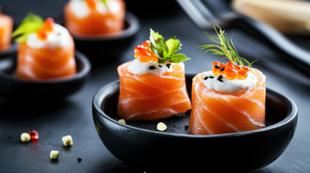 Fresh smoked salmon rolls with cream cheese and garnish, placed in stylish black bowlsの素材