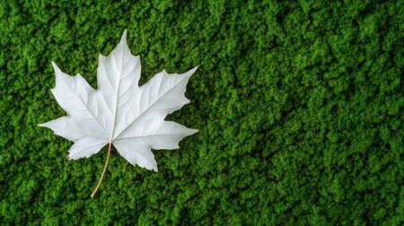 Leaf with crisp edges on deep green moss, symbolizing seasonal transitionの素材