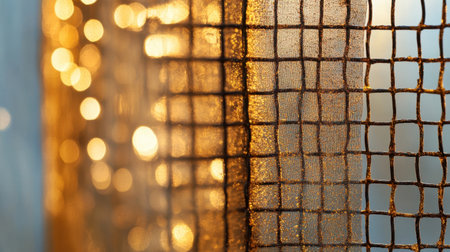 Rusty mesh fence with golden light filtering through, evoking vintage atmosphereの素材