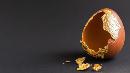 Half-broken chocolate egg with golden foil remnants on a black background, moody lightの素材