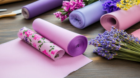Flat lay of pink and lavender floral fabrics arranged in a designer workspace for DIY projectsの素材