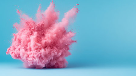 Dusty pink powder explosion on clean cyan backdrop, particles frozen mid-airの素材