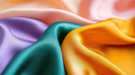 Smooth waves in silky fabric textures with a colorful gradient ideal for aesthetic web backgroundsの素材