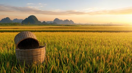 Rice fields bathed in golden light with harvest baskets in foreground, sunrise haze in distanceの素材