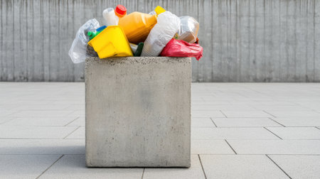 Assorted recyclables in a rough concrete container, symbolizing urban recycling systemsの素材