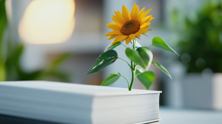 A whimsical scene where vibrant sunflowers sprout from the pages of blank white booksの素材