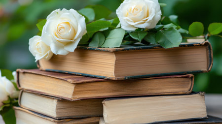 A tower of worn hardcover books with fresh white roses blooming between coversの素材