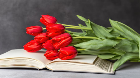 A pile of blank books giving birth to red tulips, symbolizing creativity and spring growthの素材