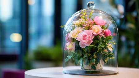 A romantic floral display captured under a glass dome, evoking timeless spring charmの素材