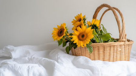 A woven basket overflowing with golden sunflowers on a white linen clothの素材