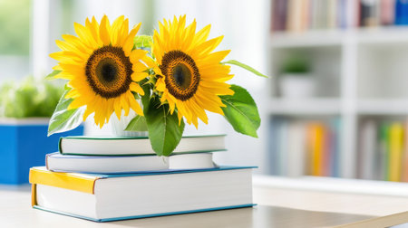 Bright sunflowers growing through a stack of plain white books, symbolizing creativity and sunshineの素材