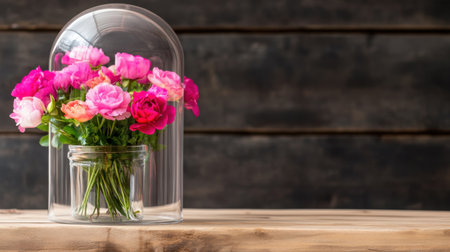 Bright and beautiful blooms protected under a transparent dome on a rustic wood shelfの素材