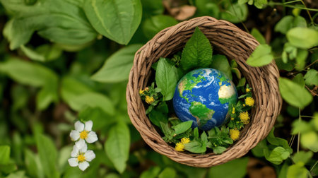 Earth adorned with spring flowers and green leaves inside a woven basket, concept of harmony with the planetの素材