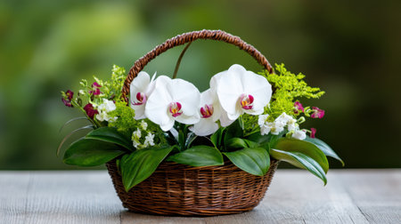 Floral basket arrangement with exotic orchids and leafy greens, styled with textureの素材