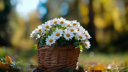 Elegant white daisies resting in a basket with blurred nature in the backgroundの素材