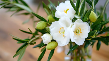 Elegant white flowers mixed with olive branches in a soft, romantic arrangementの素材
