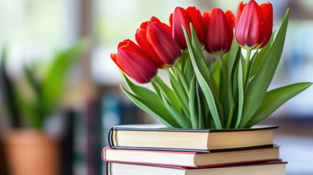 Elegant red tulips grow upward from a tall stack of books, representing knowledge and beautyの素材
