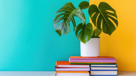 Monstera in a white pot perched on colorful books against a pastel wallの素材