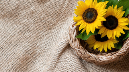 Fresh-picked sunflowers in a natural woven basket over textured clothの素材