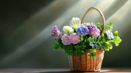 Gentle composition of pastel blooms in a woven basket, kissed by soft sun raysの素材