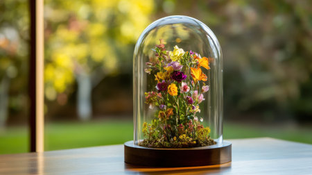 Flowers of all hues preserved elegantly under a glass dome, bathed in natural sunlightの素材