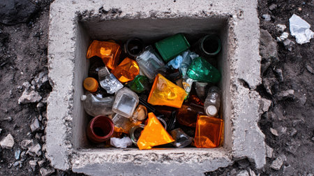 Glass, metal, and plastic arranged in a weathered concrete recycling binの素材