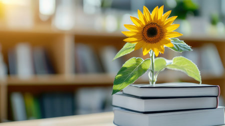 Golden sunflowers flourishing through white books, fusion of education and earthの素材