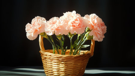 Pale carnations arranged in a woven basket, glowing softly under sunlightの素材