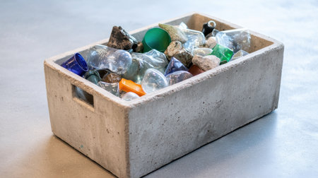 Glass, metal, and plastic arranged in a weathered concrete recycling binの素材