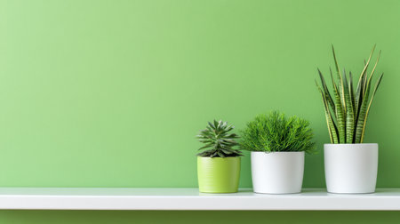 Indoor plant trio on a shelf with calming green paint in the backgroundの素材