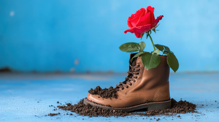 Rose emerging from boot filled with soil on a painted blue backdropの素材