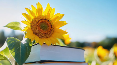 Golden sunflowers flourishing through white books, fusion of education and earthの素材