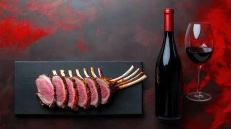 Lamb rack sliced and fanned out beside a wine pour, on a blackened tray backdropの素材