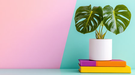 Monstera in a white pot perched on colorful books against a pastel wallの素材