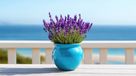 Ocean breeze ruffling lavender in a vivid ceramic pot on a beach deckの素材