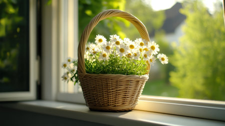 Morning light filtering over a basket of daisies on a kitchen windowsillの素材