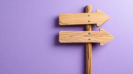 Natural wood sign with two directional choices, shown on soft violet canvasの素材