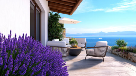 Oceanfront patio scene with vibrant lavender in an artistic planterの素材